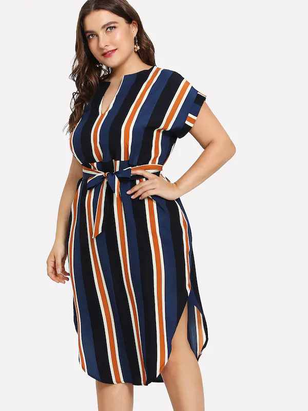 Title 7, Fat sisters belt stripe slimming V-neck dress