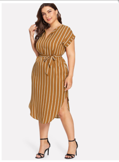 Title 8, Fat sisters belt stripe slimming V-neck dress