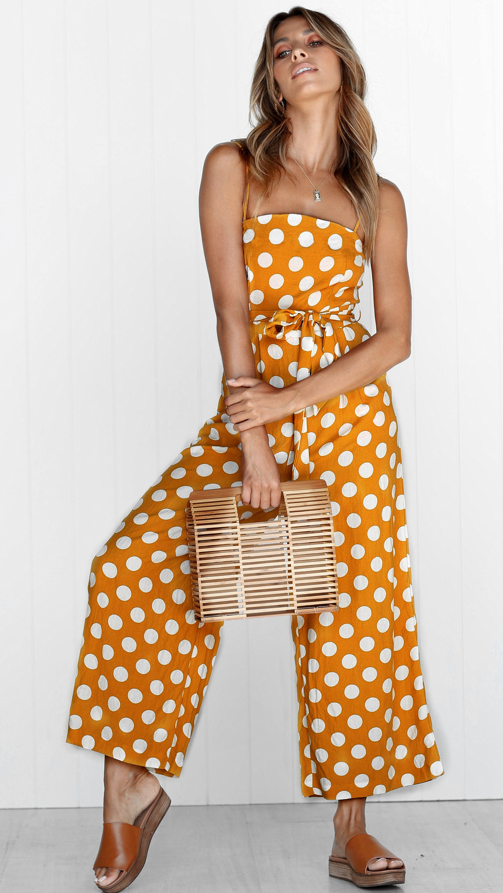 Title 5, Sleeveless strapless polka dot long jumpsuit