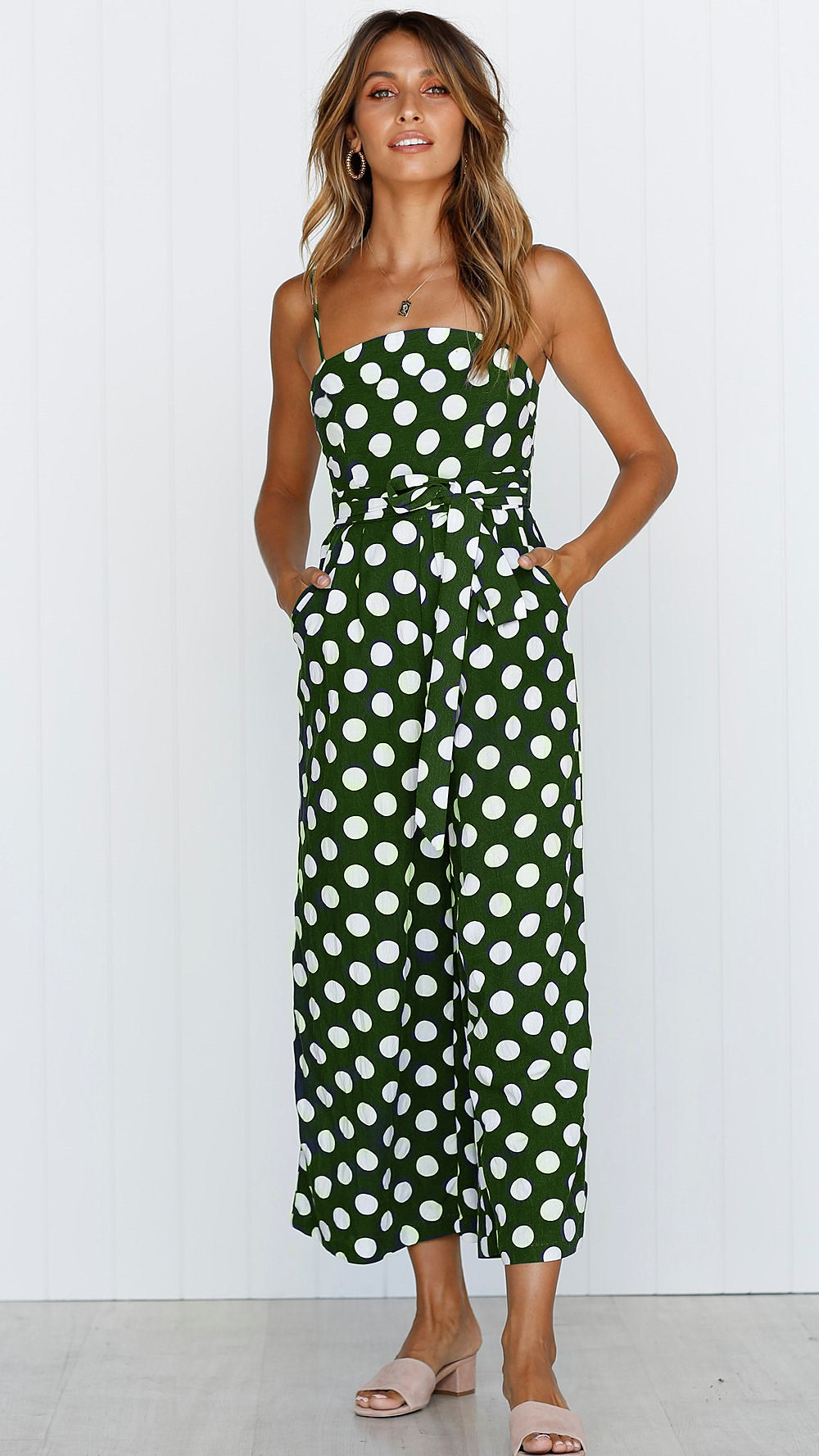 Title 7, Sleeveless strapless polka dot long jumpsuit