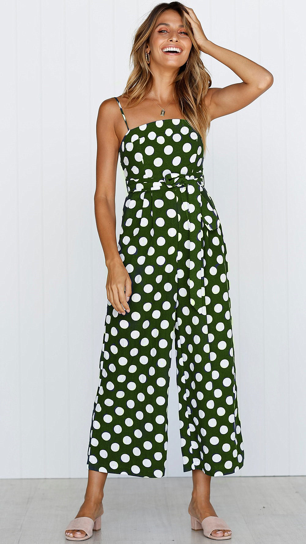 Title 8, Sleeveless strapless polka dot long jumpsuit