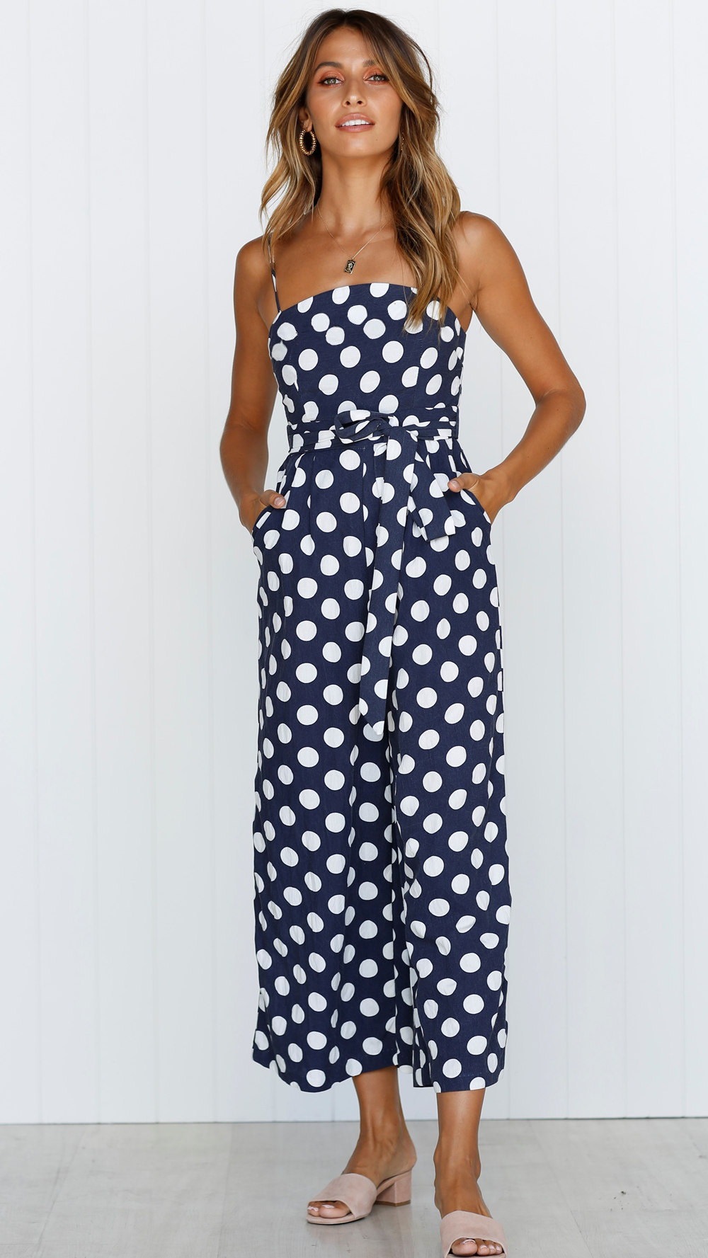 Title 9, Sleeveless strapless polka dot long jumpsuit