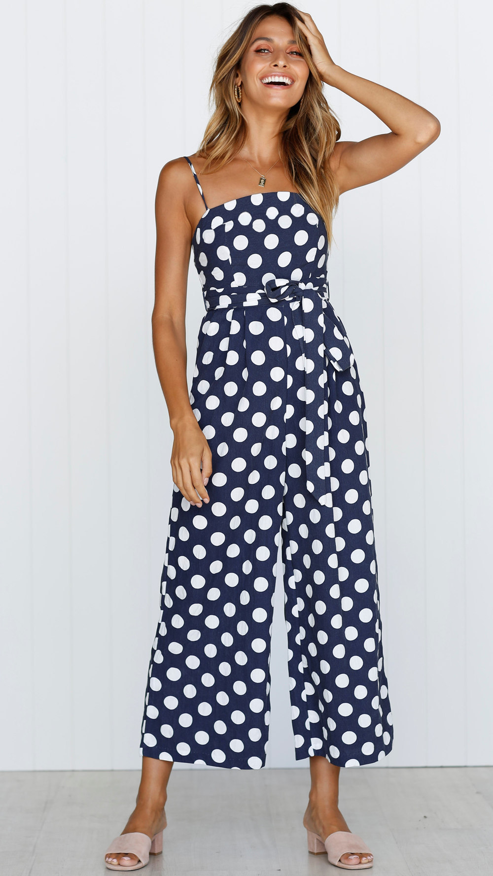 Title 10, Sleeveless strapless polka dot long jumpsuit