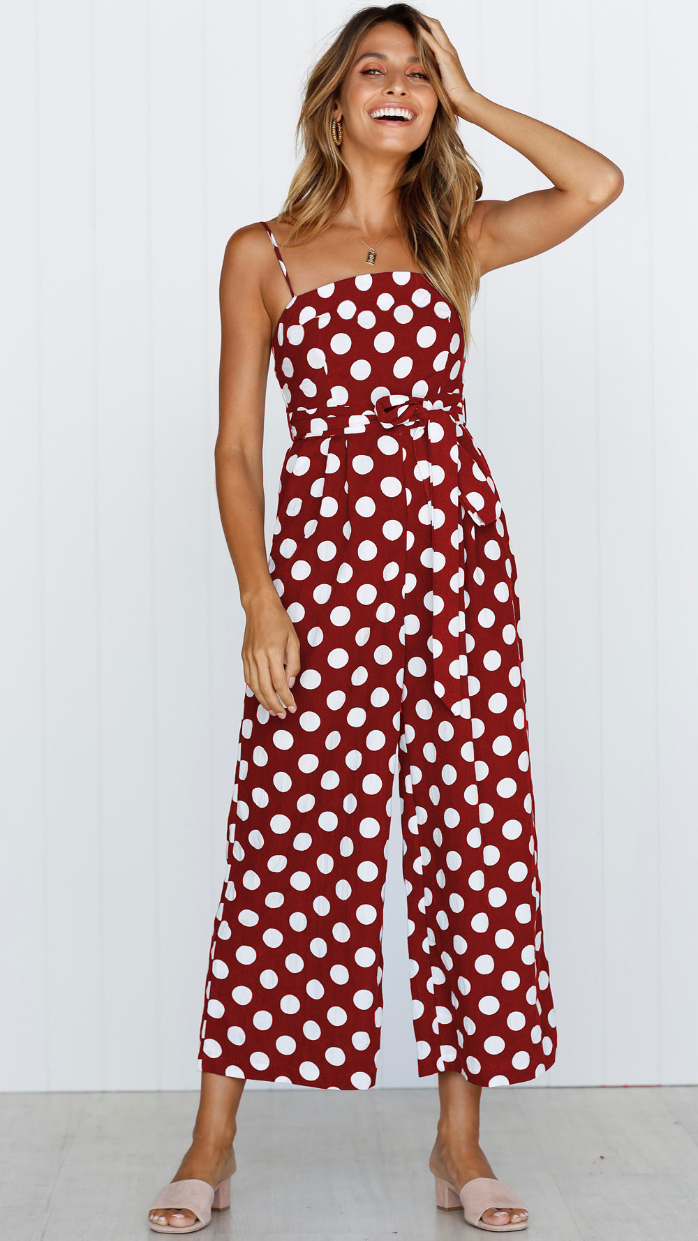 Title 12, Sleeveless strapless polka dot long jumpsuit