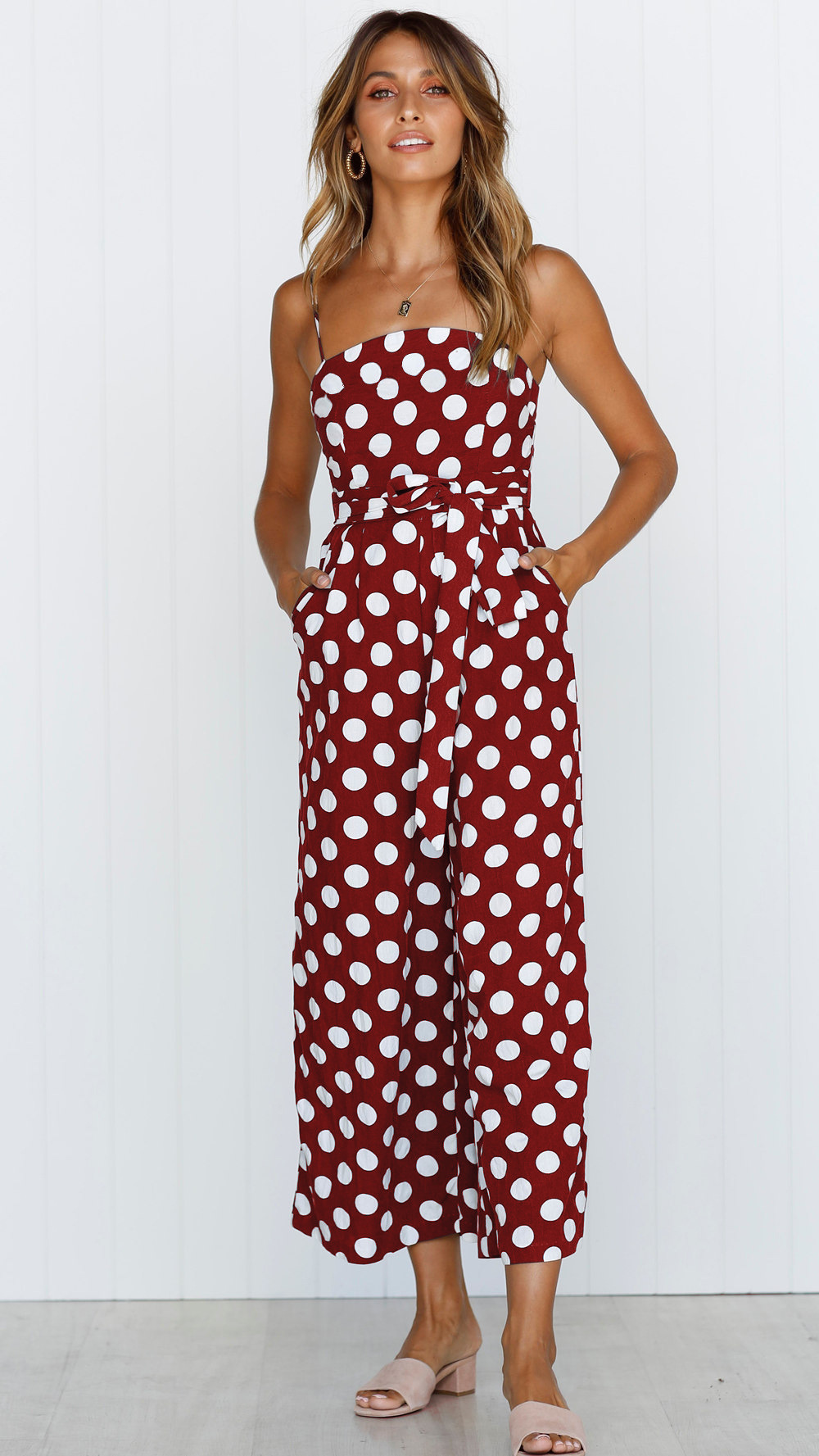 Title 13, Sleeveless strapless polka dot long jumpsuit