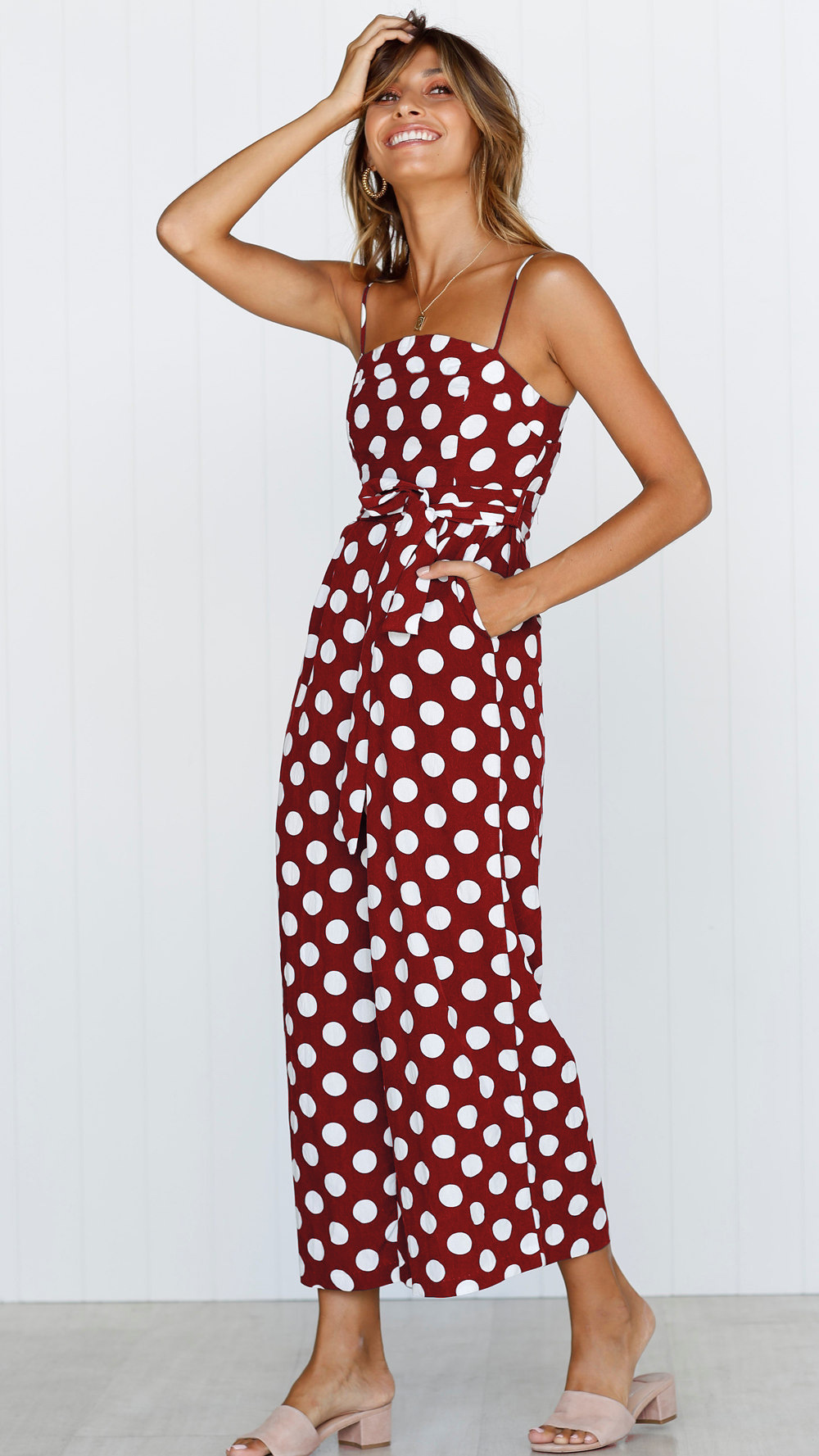 Title 14, Sleeveless strapless polka dot long jumpsuit