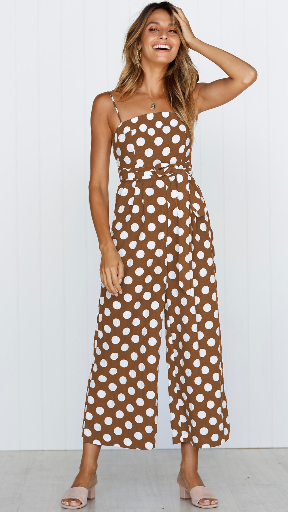 Title 15, Sleeveless strapless polka dot long jumpsuit