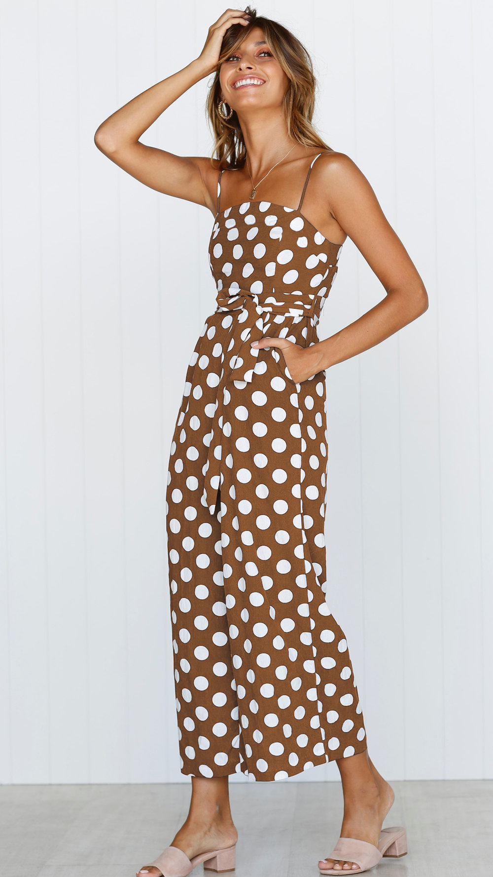 Title 17, Sleeveless strapless polka dot long jumpsuit