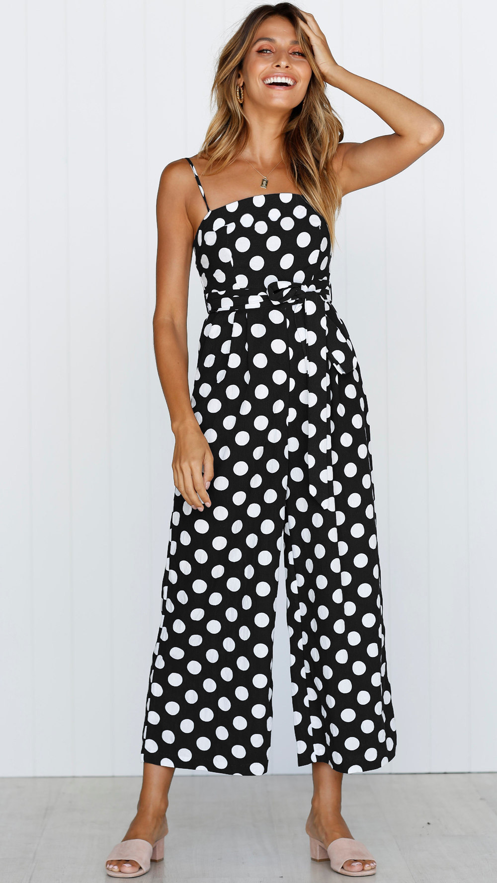 Title 18, Sleeveless strapless polka dot long jumpsuit