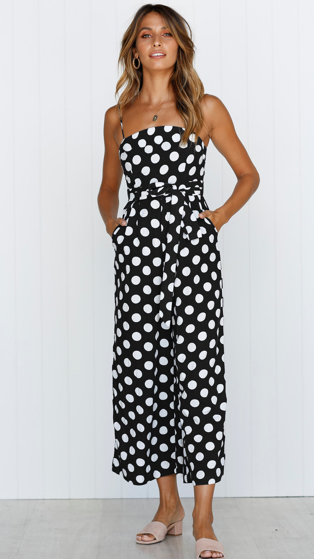 Title 19, Sleeveless strapless polka dot long jumpsuit