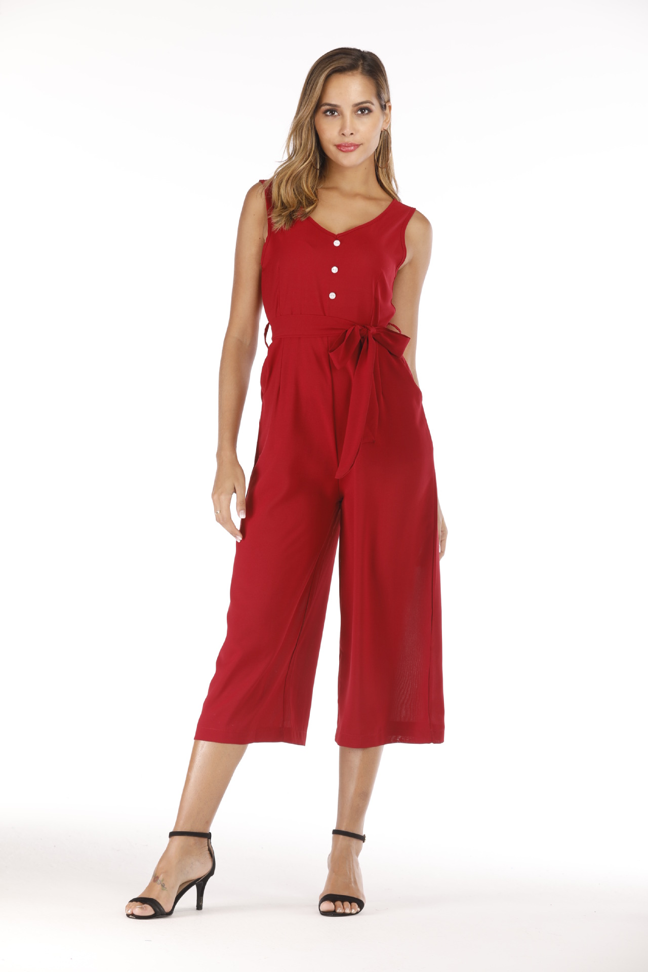 Title 1, V-neck halter buttons with belt jumpsuit