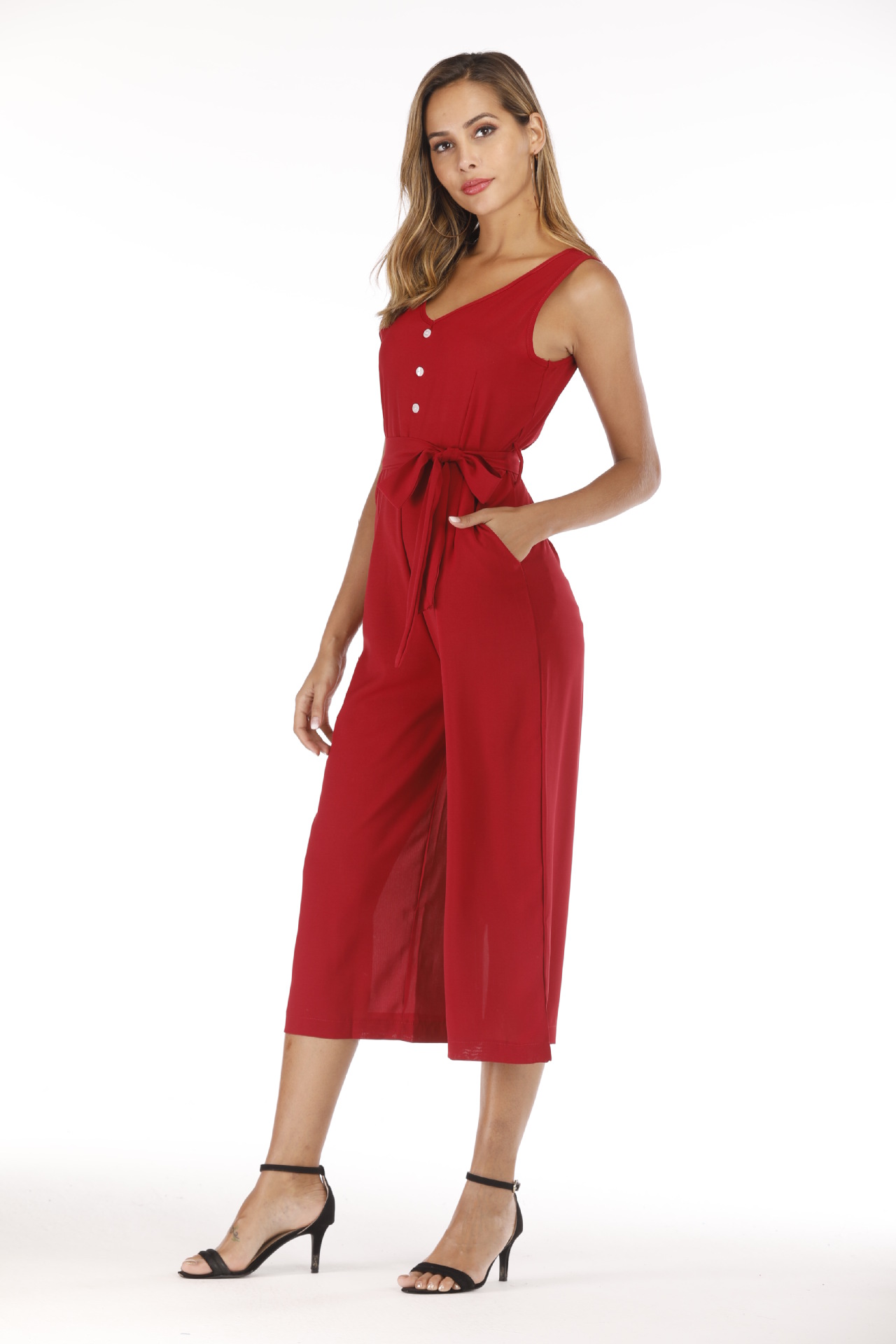 Title 2, V-neck halter buttons with belt jumpsuit