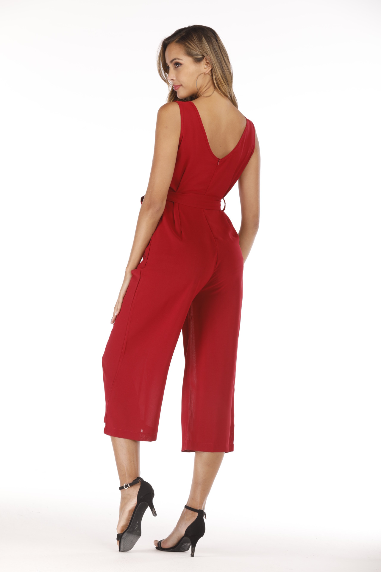 Title 3, V-neck halter buttons with belt jumpsuit