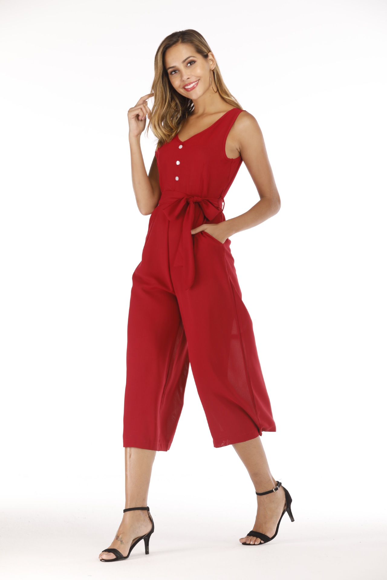 Title 4, V-neck halter buttons with belt jumpsuit