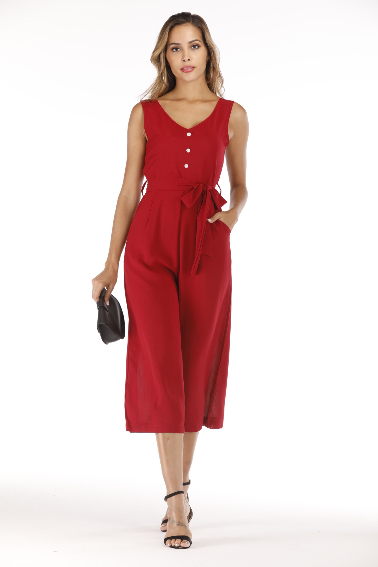 Title 5, V-neck halter buttons with belt jumpsuit