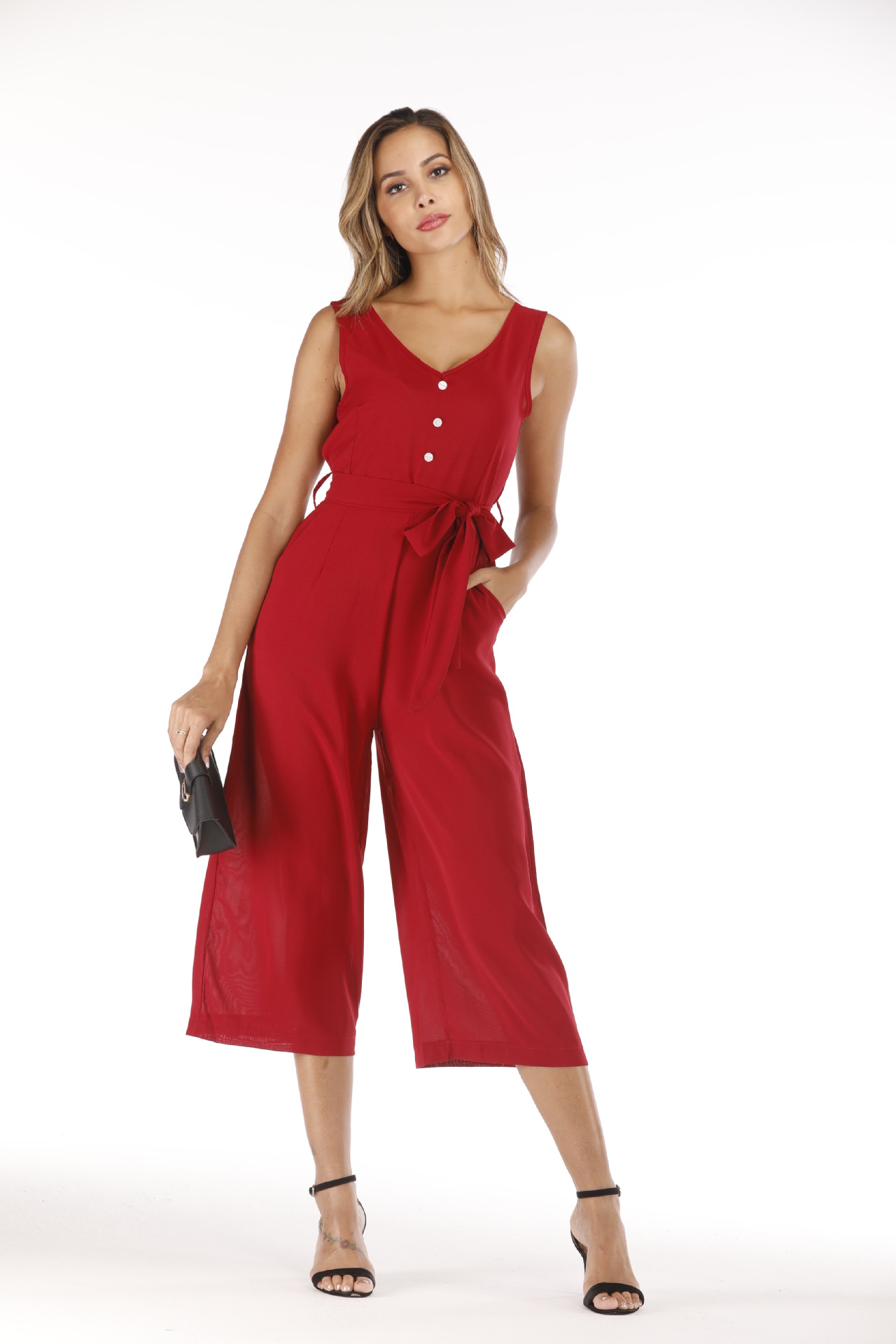 Title 6, V-neck halter buttons with belt jumpsuit