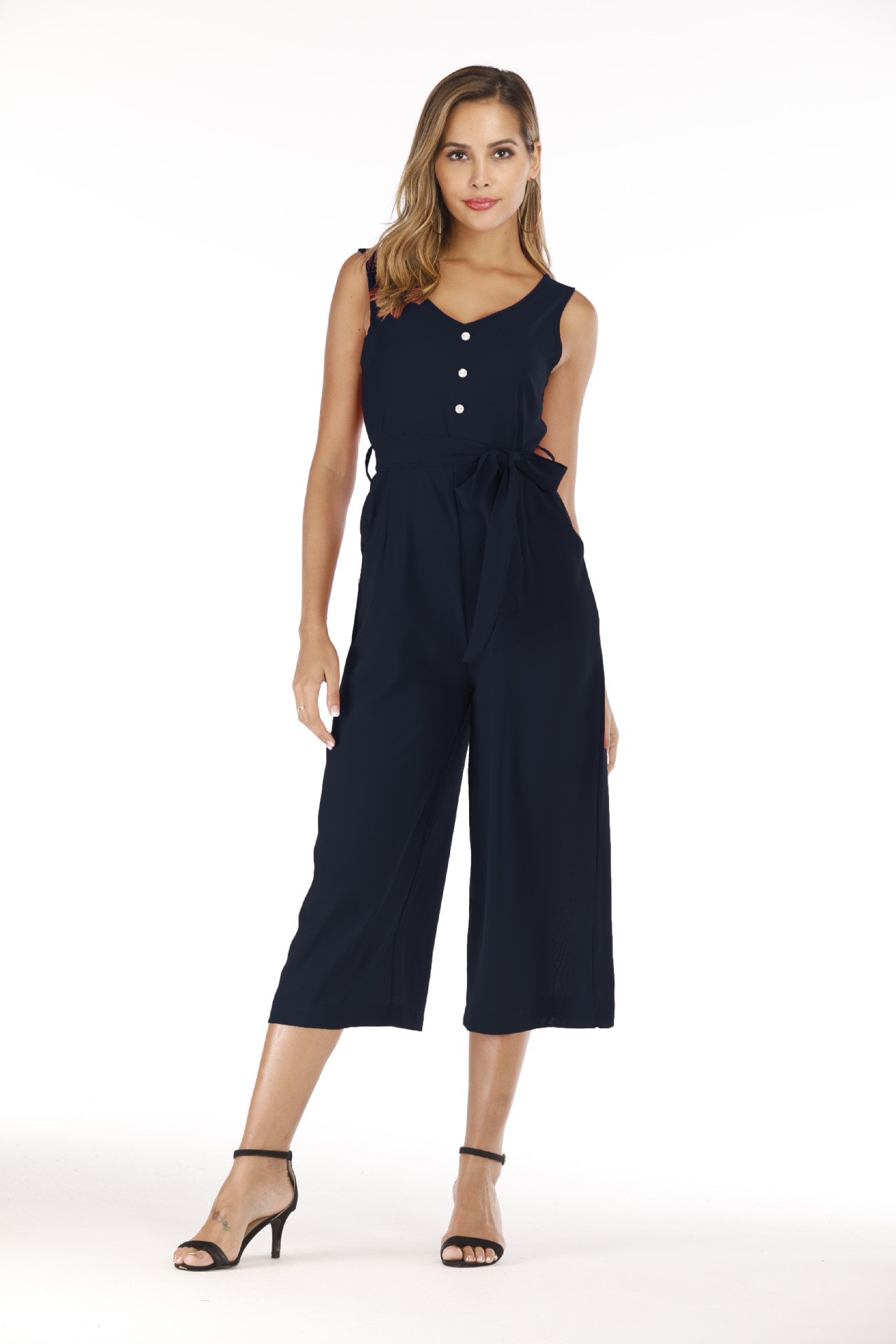 Title 7, V-neck halter buttons with belt jumpsuit