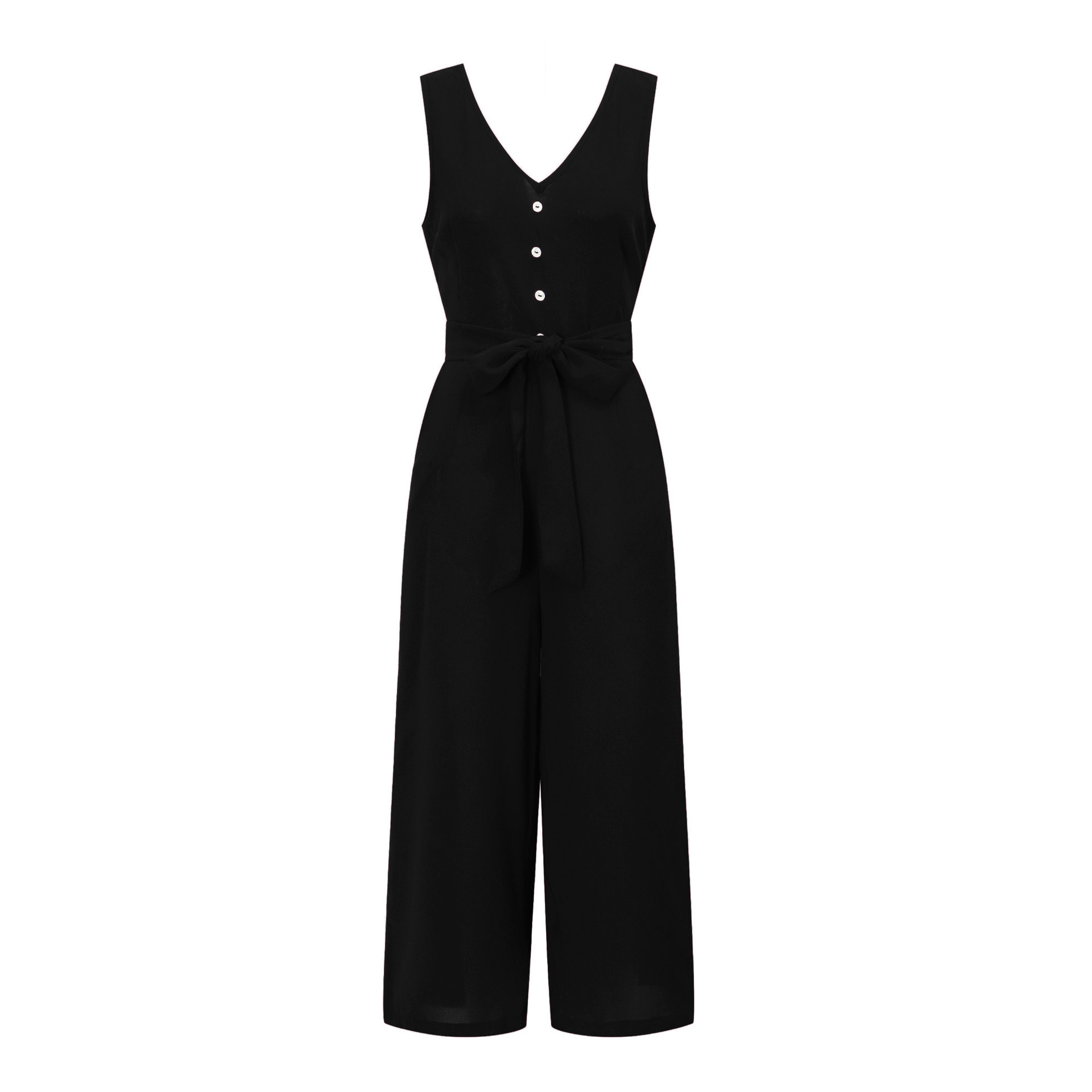 Title 15, V-neck halter buttons with belt jumpsuit