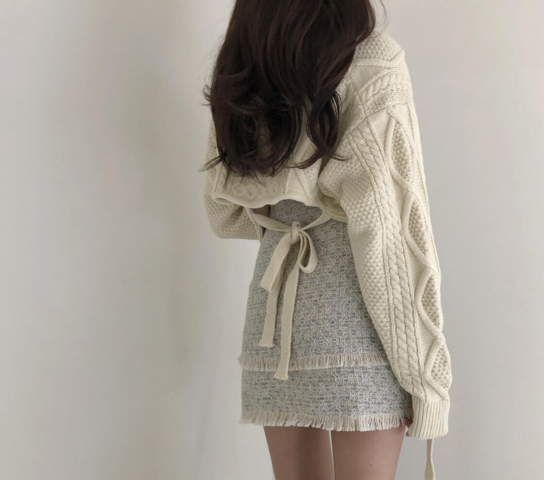 Title 3, Naughty Cute Twist Back Tie Sweater + Tassel Skirt