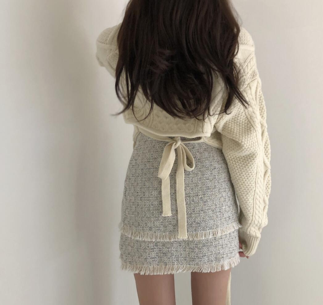 Title 4, Naughty Cute Twist Back Tie Sweater + Tassel Skirt