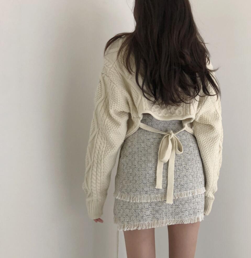 Title 5, Naughty Cute Twist Back Tie Sweater + Tassel Skirt