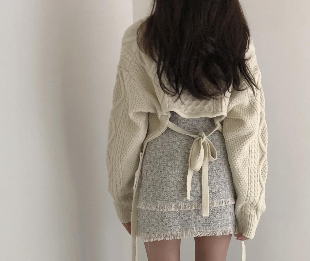 Title 7, Naughty Cute Twist Back Tie Sweater + Tassel Skirt