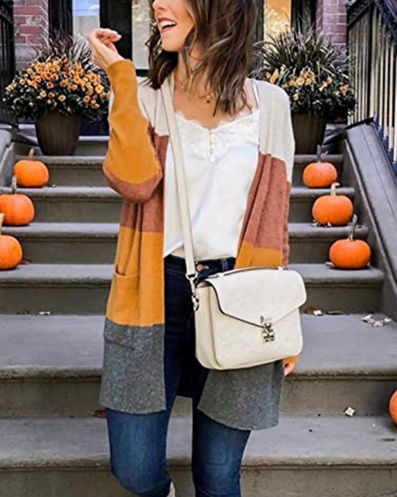 220148亚马逊爆款秋冬条纹拼色口袋开衫