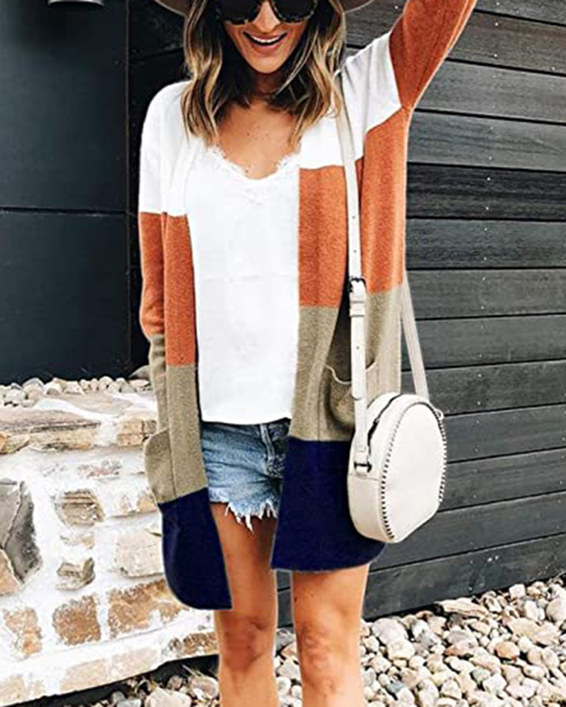 220148亚马逊爆款秋冬条纹拼色口袋开衫