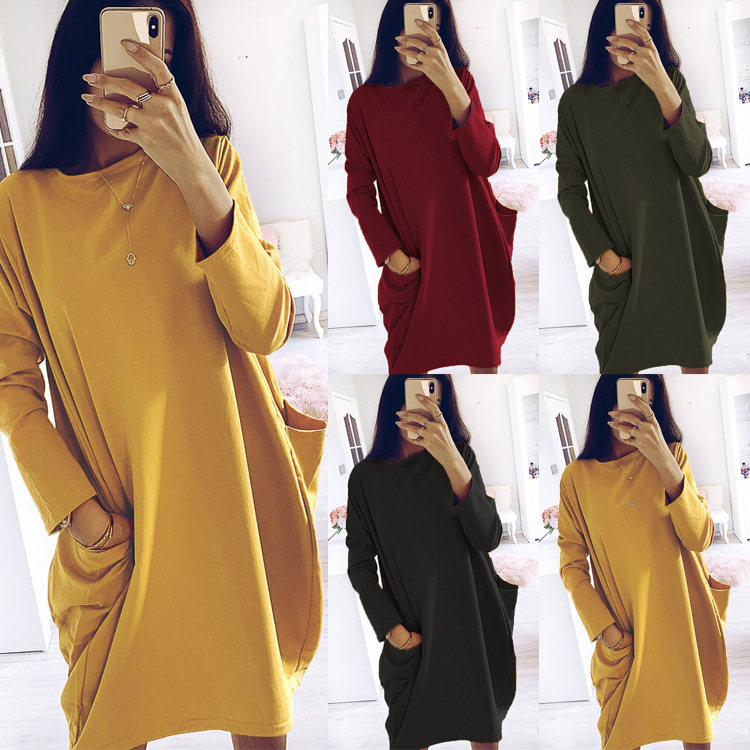 Title 2, Hot style long-sleeved loose pocket dress