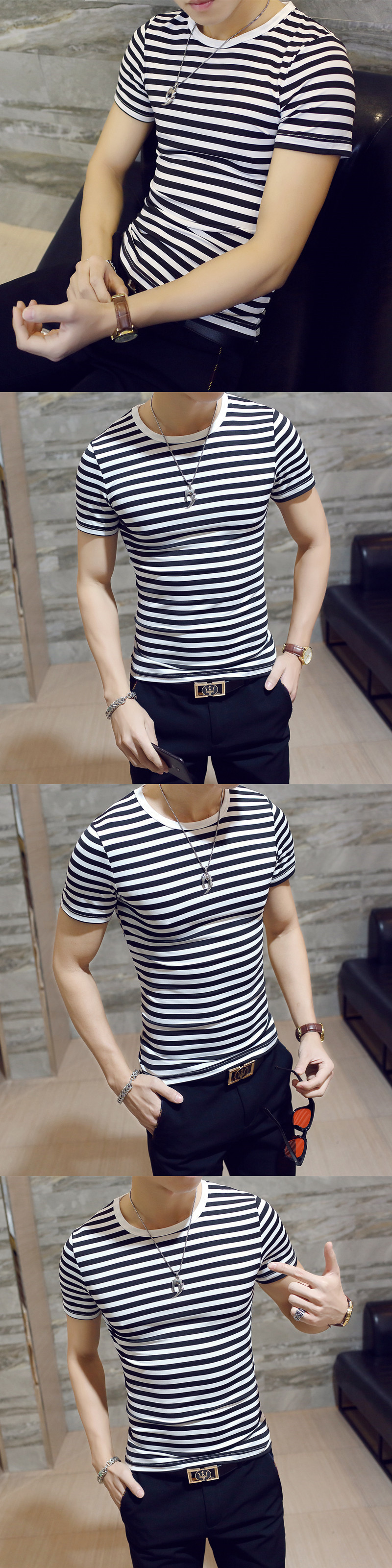 Title 2, Korean mens striped t-shirt, ideal for a casua...