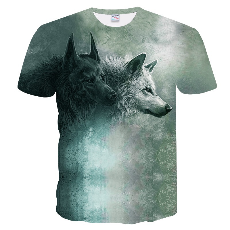 Title 2, 3D Double Wolf Print Short Sleeve T-Shirt