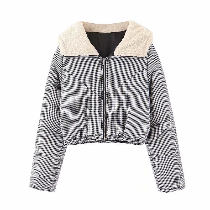 Title 4, Large lapel short plaid jacket coat with hood. ...