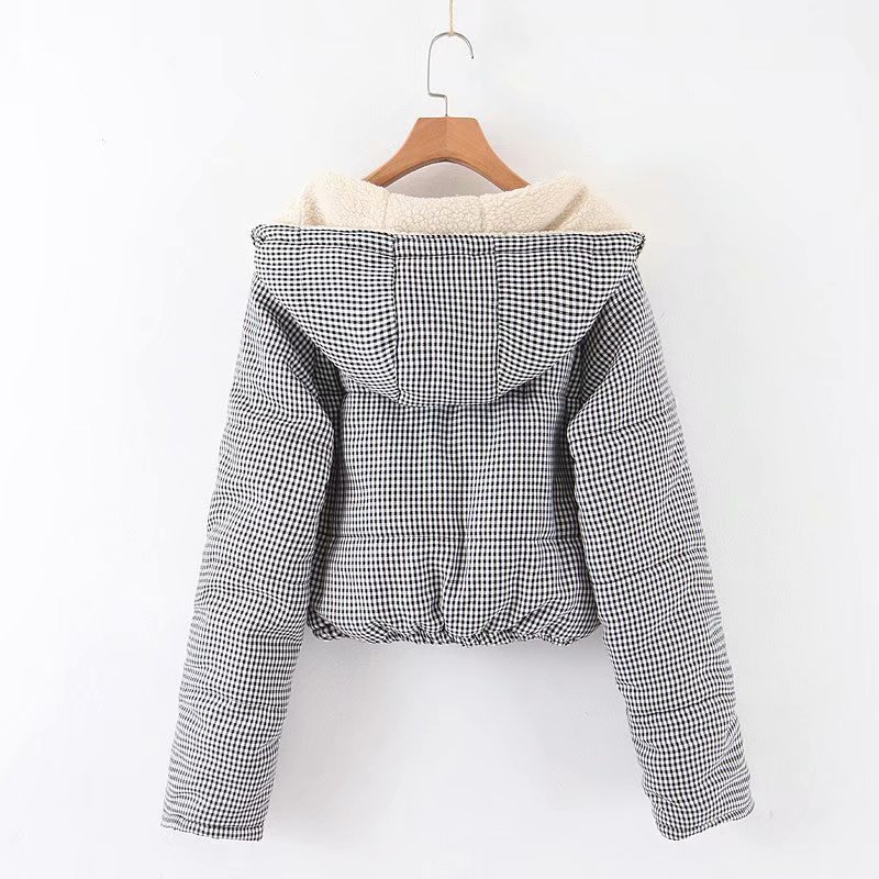 Title 6, Large lapel short plaid jacket coat with hood. ...