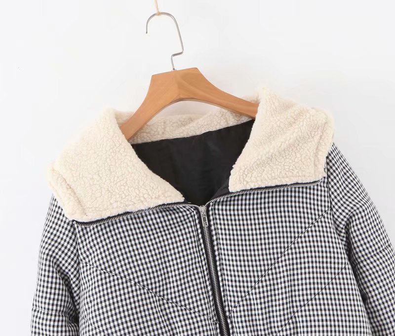 Title 7, Large lapel short plaid jacket coat with hood. ...