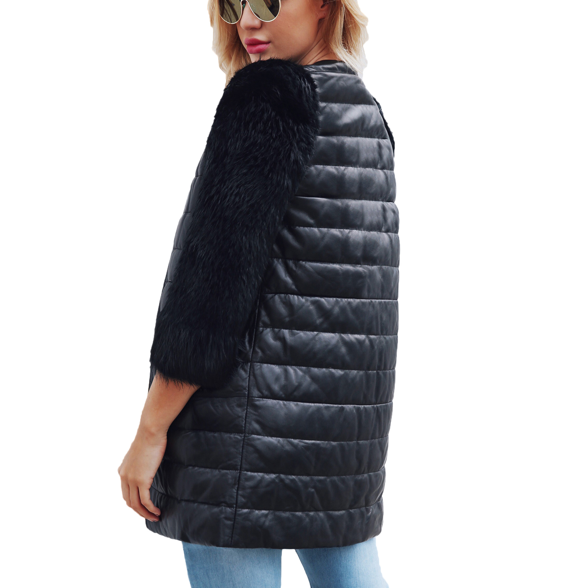 Title 11, Womens PU Leather Faux Fur 3/4 Sleeve Jacket, ...