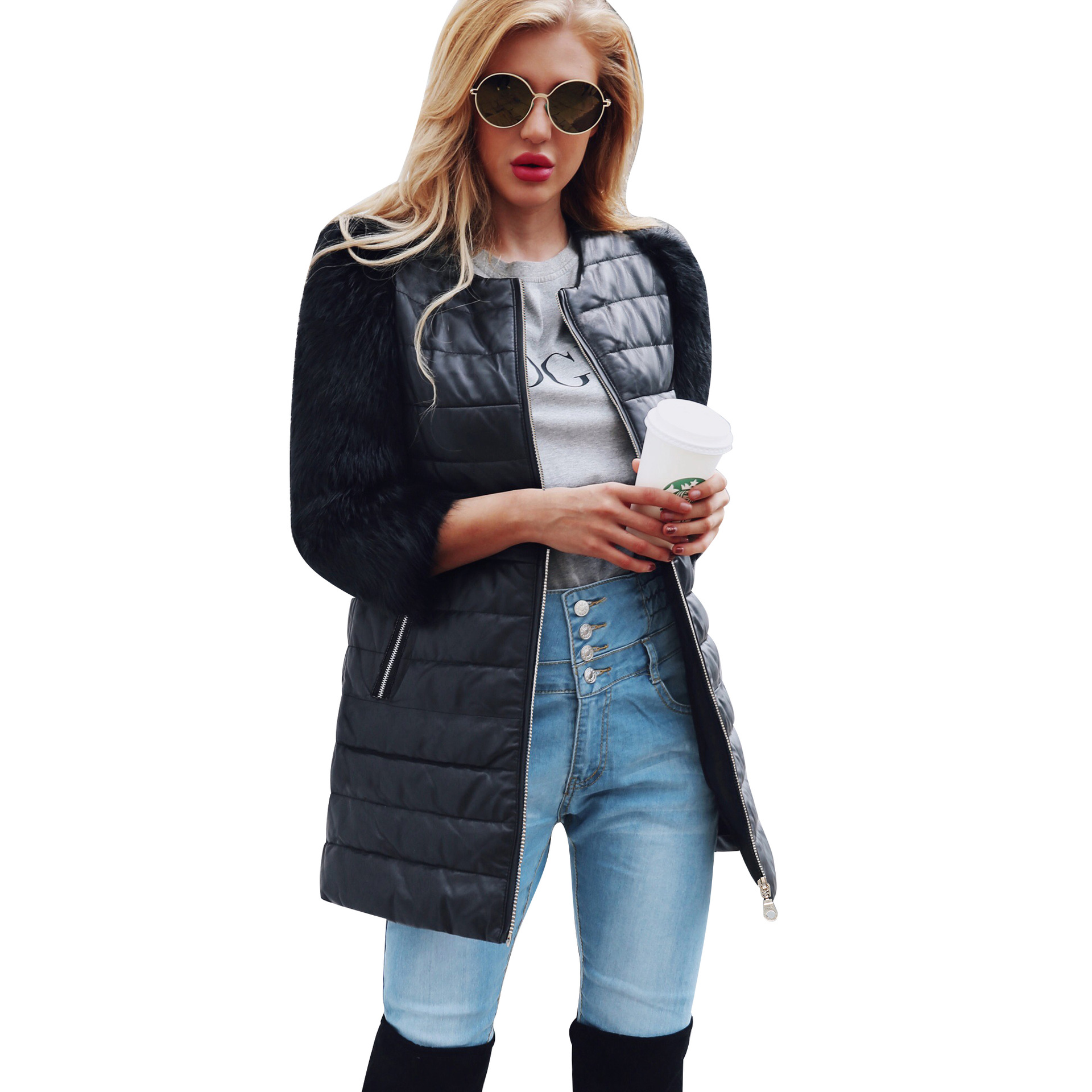 Title 12, Womens PU Leather Faux Fur 3/4 Sleeve Jacket, ...