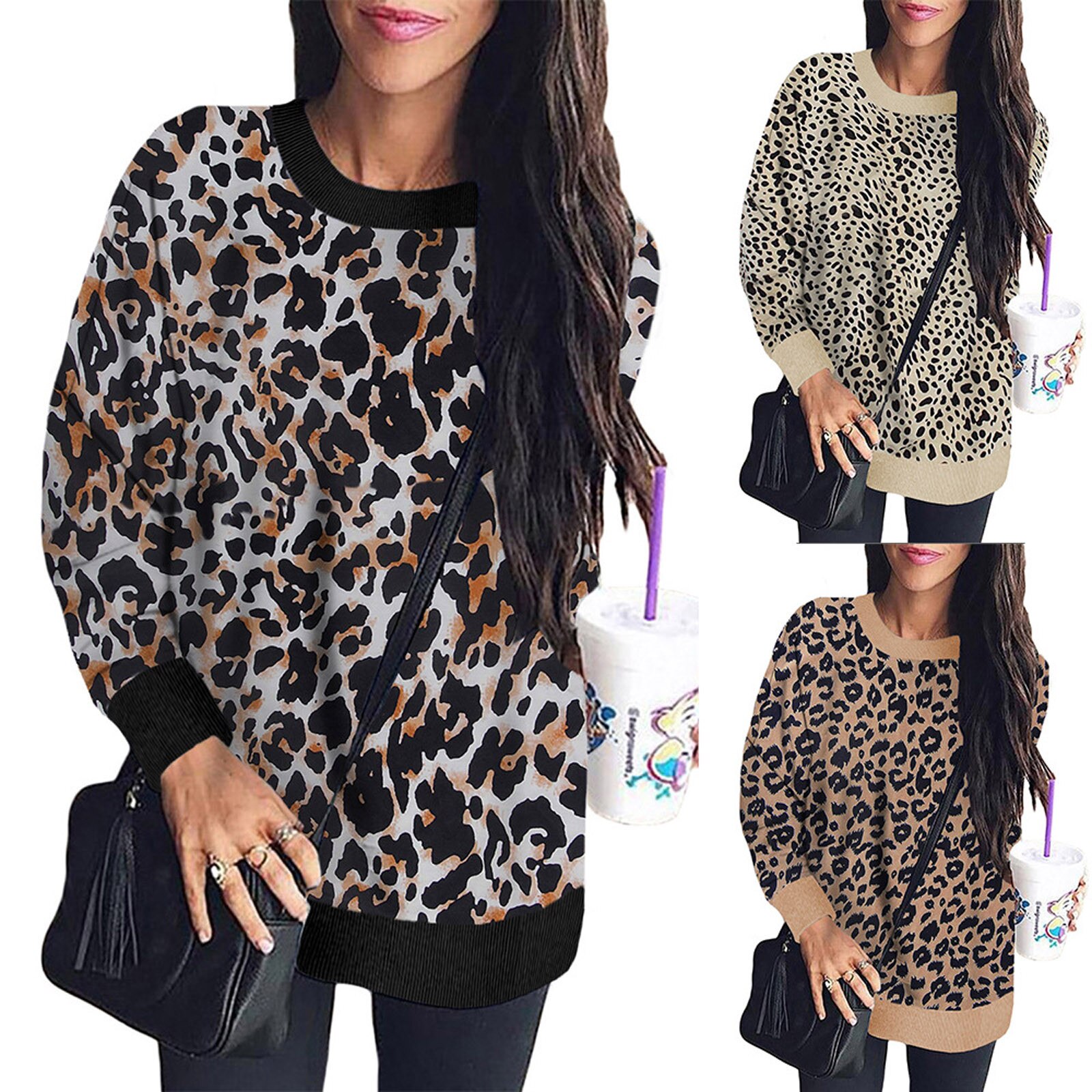 Title 2, Leopard print stitching long-sleeved loose sweater