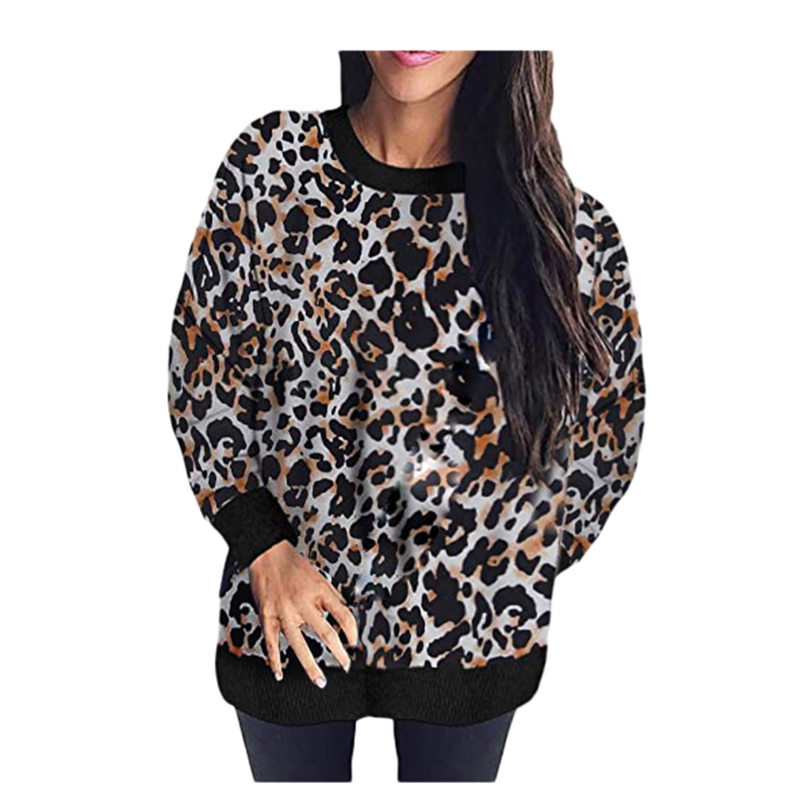 Title 4, Leopard print stitching long-sleeved loose sweater