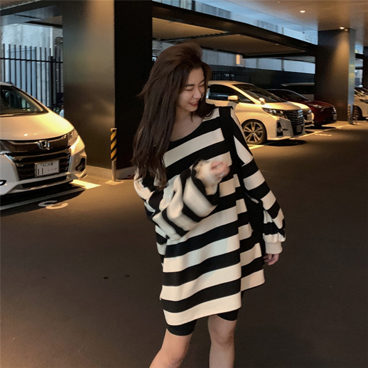 Title 1, Lazy Off Shoulder Long Sleeve Striped Sweatshirt