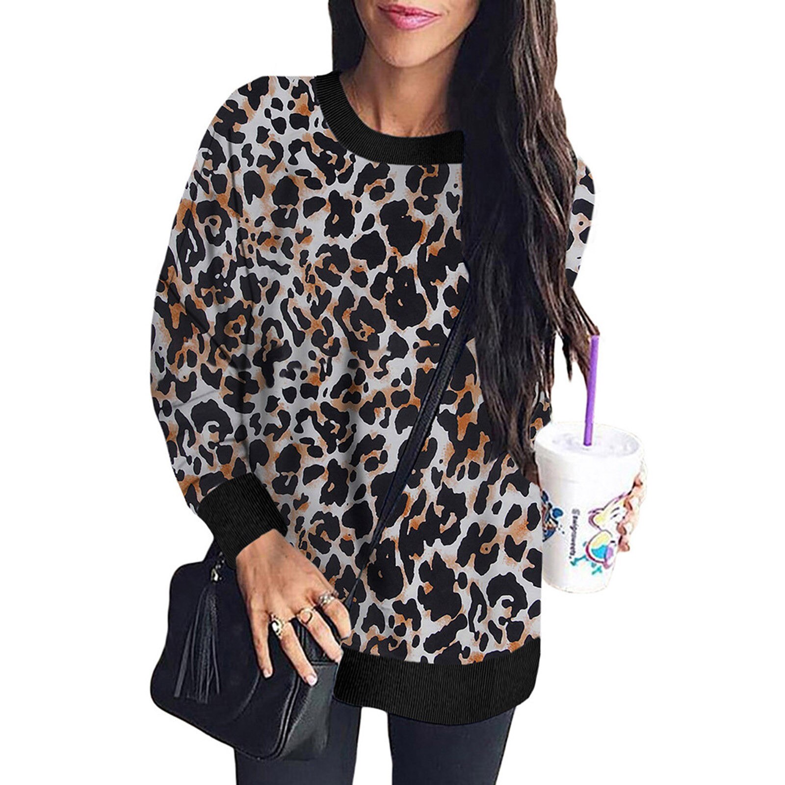 Title 6, Leopard print stitching long-sleeved loose sweater