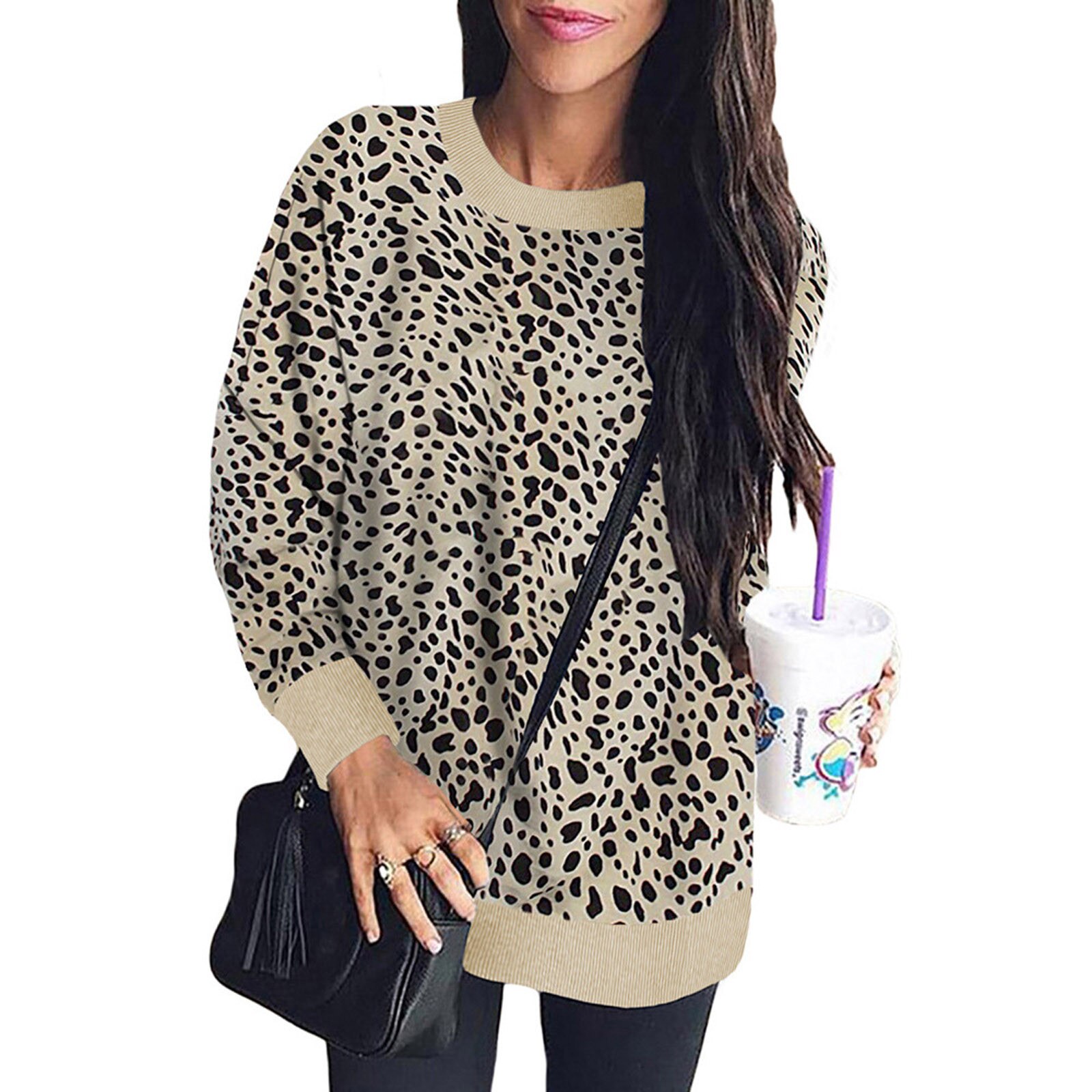 Title 8, Leopard print stitching long-sleeved loose sweater