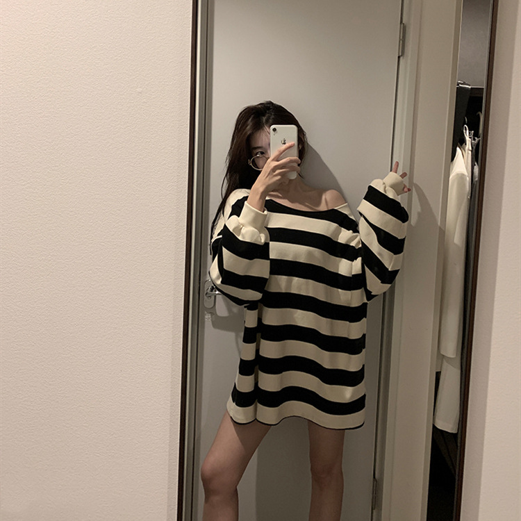 Title 4, Lazy Off Shoulder Long Sleeve Striped Sweatshirt