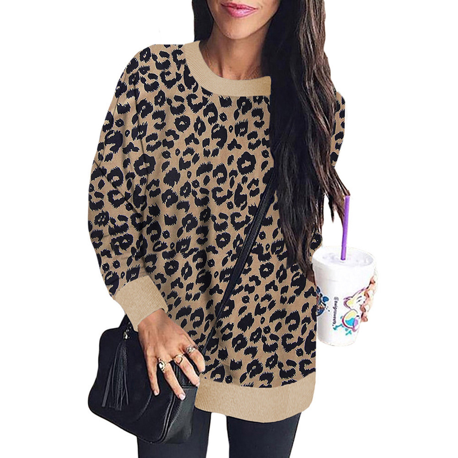 Title 10, Leopard print stitching long-sleeved loose sweater