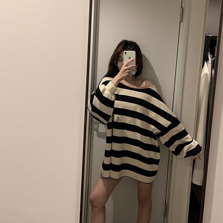 Title 5, Lazy Off Shoulder Long Sleeve Striped Sweatshirt