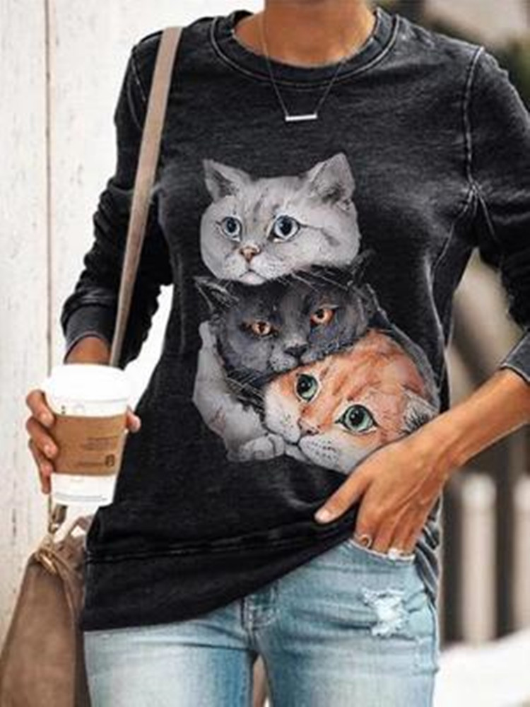 Title 4, Cat Print Round Neck Long Sleeve T-Shirt Sweats...