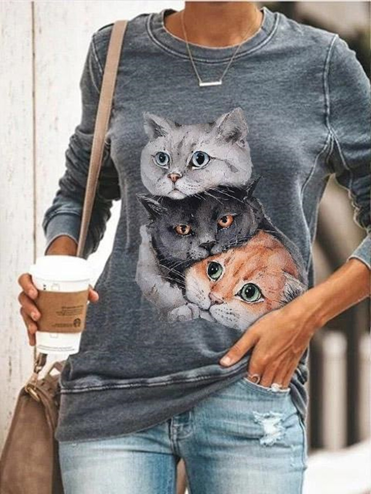 Title 5, Cat Print Round Neck Long Sleeve T-Shirt Sweats...