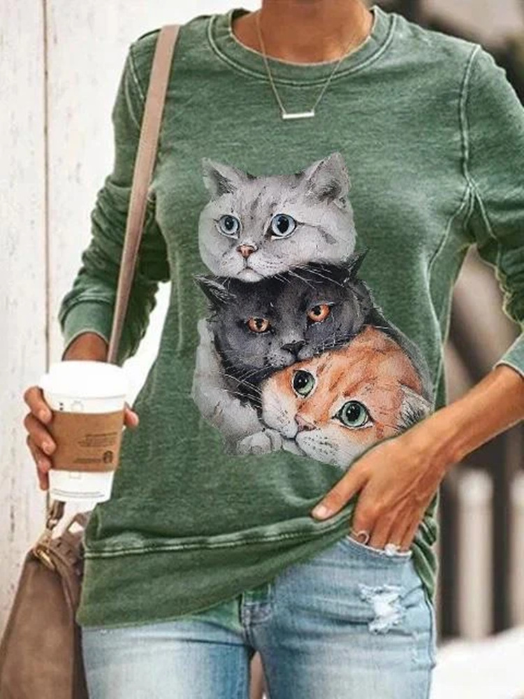 Title 6, Cat Print Round Neck Long Sleeve T-Shirt Sweats...