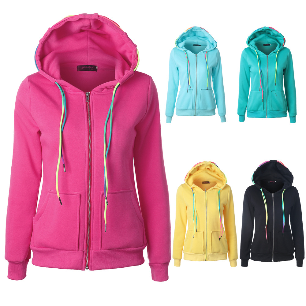 Title 1, Colorful Drawstring Hooded Zipper Pocket Cardig...