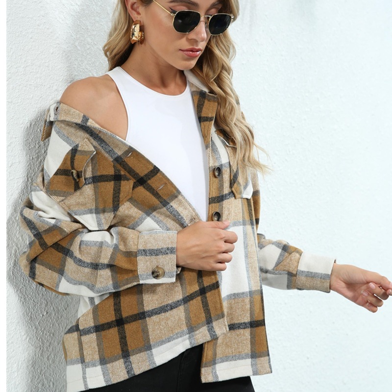 Title 6, Plaid pocket button loose casual woolen coat