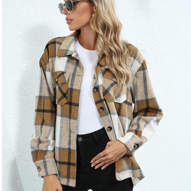 Title 7, Plaid pocket button loose casual woolen coat